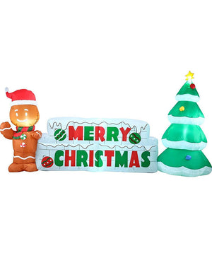 Merry Christmas Sign with Tree and Gingerbread Man Lawn Inflatable 3m