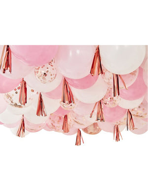 Mix It Up Blush White and Rose Gold Balloon Ceiling with Tassels