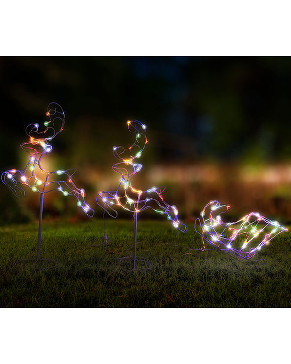 Multi-Coloured Leaping Reindeers With Sleigh Solar Christmas LED Light 3m