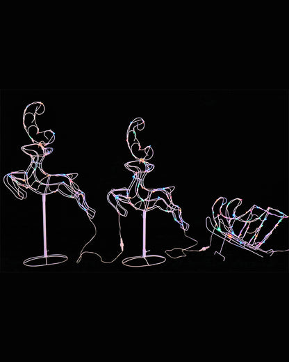 Multi-Coloured Leaping Reindeers With Sleigh Solar Christmas LED Light 3m