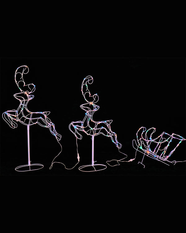 Multi-Coloured Leaping Reindeers With Sleigh Solar Christmas LED Light 3m