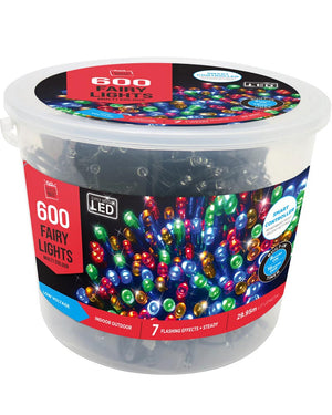 Multi Coloured LED Christmas Lights Flashing Tub with Timer 600 Piece