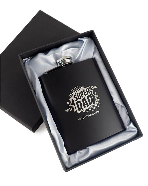 Super Dad Personalised Engraved 200ml Black Hip Flask in Gift Box