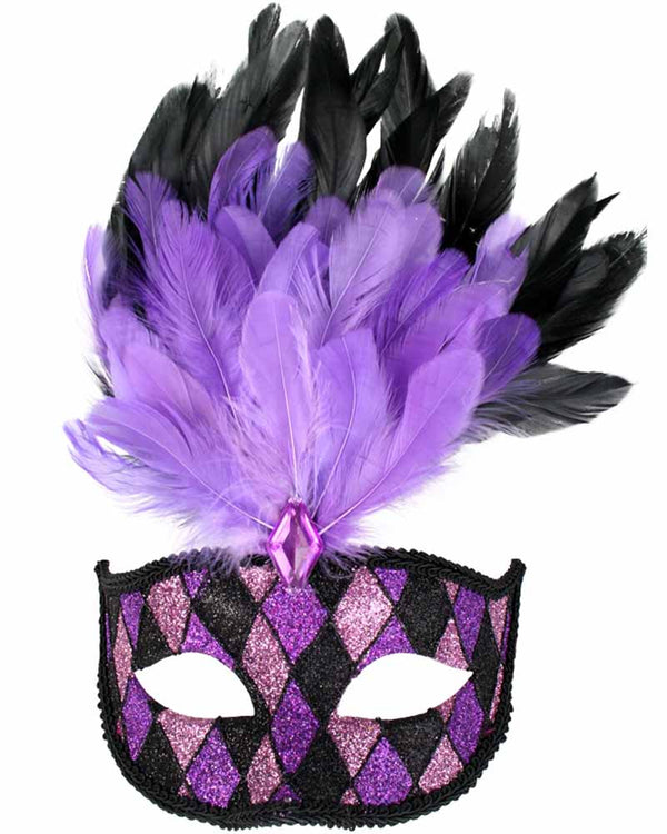 Purple and Black Masquerade Mask with Feathers