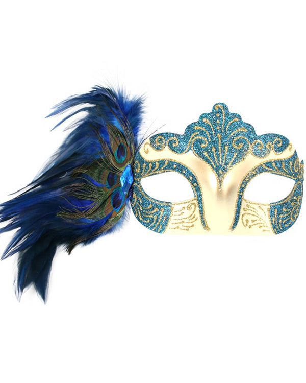 Blue and White Masquerade Mask with Peacock Feathers