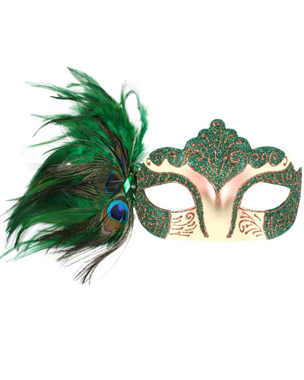 Green and White Masquerade Mask with Peacock Feathers