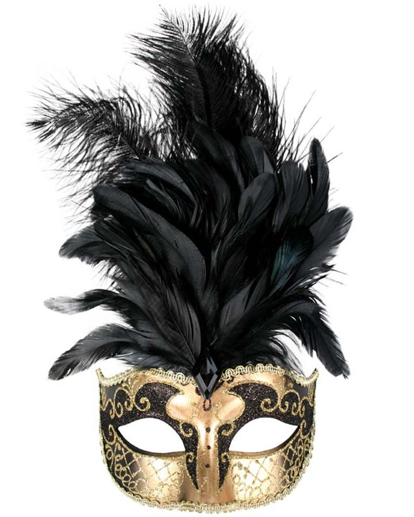 Sienna Black and Gold Feathered Masquerade Mask