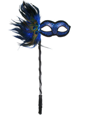 Dark Blue Masquerade Mask with Peacock Feathers on Stick