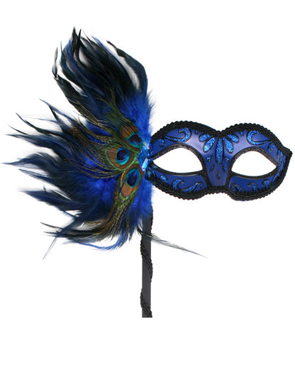 Dark Blue Masquerade Mask with Peacock Feathers on Stick