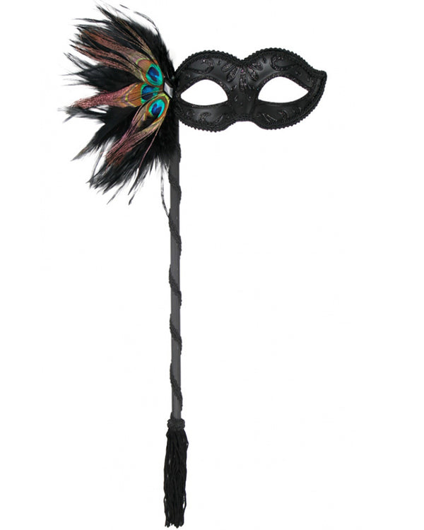 Black Eye Mask with Peacock Feathers on Stick