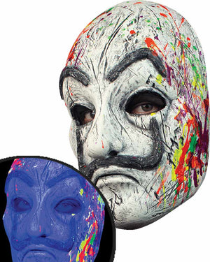A deluxe mask designed to resemble a Neon Artist with a white weathered face, large raised black eyebrows, a down-turned mouth, a large black moustache, and eyeholes. The mask is adorned with colorful neon paint splatters.