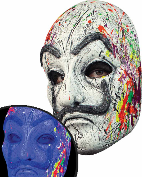 A deluxe mask designed to resemble a Neon Artist with a white weathered face, large raised black eyebrows, a down-turned mouth, a large black moustache, and eyeholes. The mask is adorned with colorful neon paint splatters.