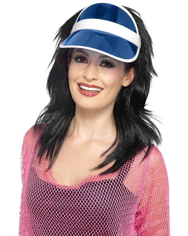 Image of woman wearing blue and white visor hat. 