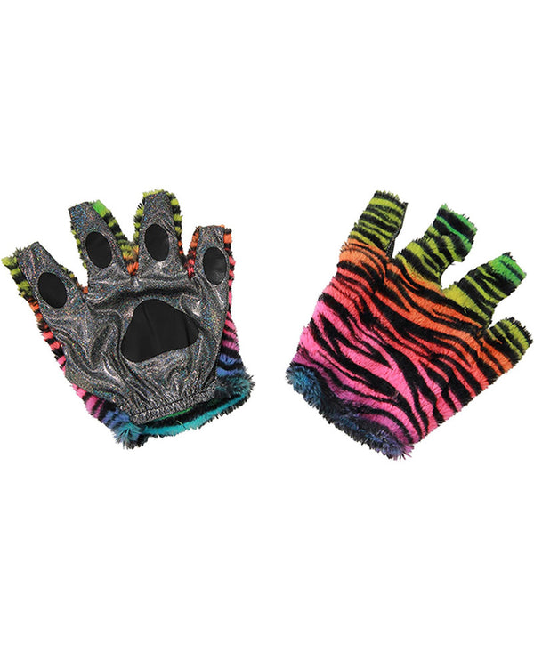 Neon Rainbow Tiger Fingerless Paw Kids Gloves