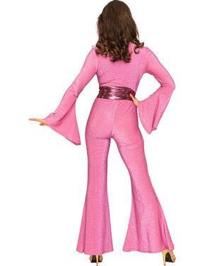 Night Fever Pink Sparkle 70s Womens Jumpsuit