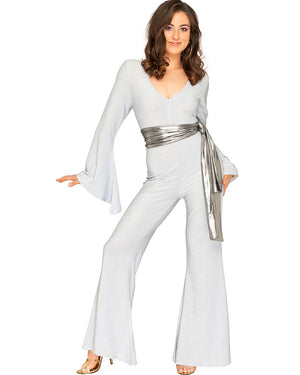 Night Fever Silver Sparkle 70s Womens Jumpsuit