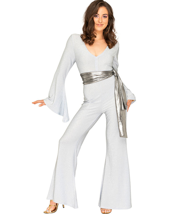 Night Fever Silver Sparkle 70s Womens Jumpsuit