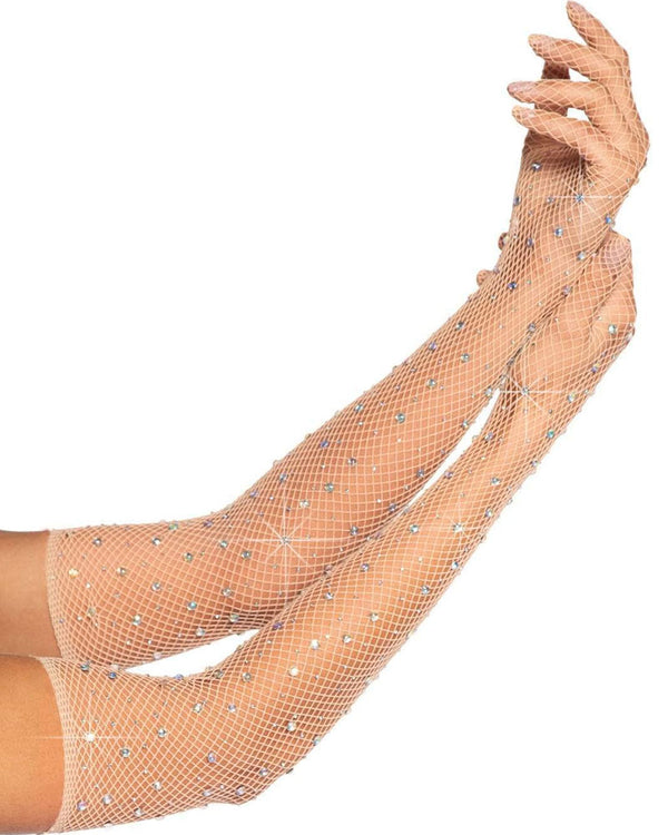 Nude Rhinestone Fishnet Opera Length Gloves