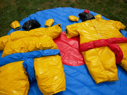 Two PVC and Fabric Adult Sumo Suits with Helmets Gloves and 291cm Mat