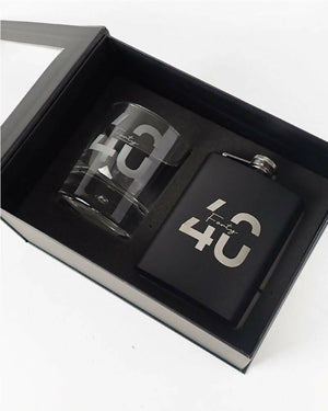 40th Birthday Engraved Black Hip Flask and Round Scotch Glass Set