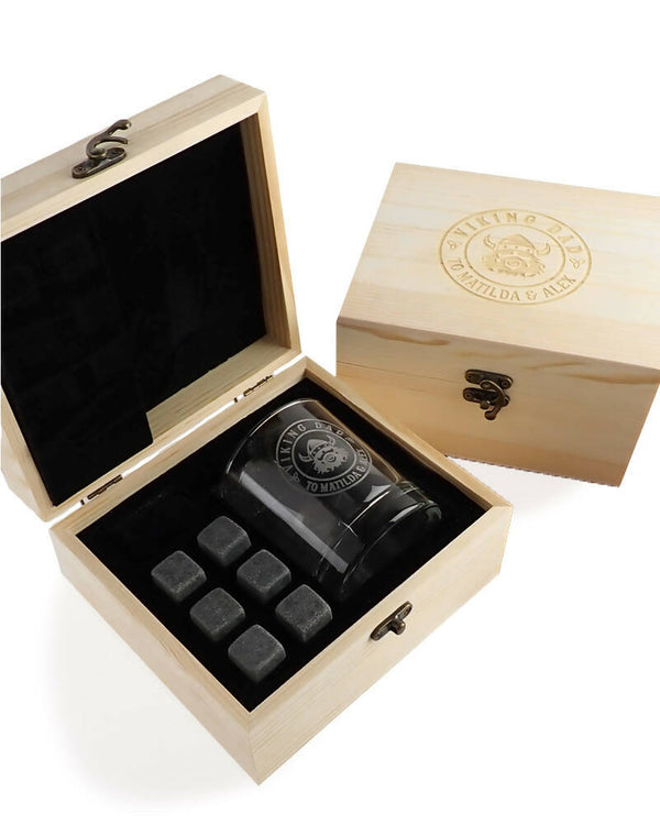 Viking Dad Personalised Engraved Light Wooden Box Scotch Glass and Stone Set