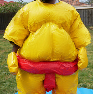 Two PVC and Fabric Adult Sumo Suits with Helmets Gloves and 291cm Mat