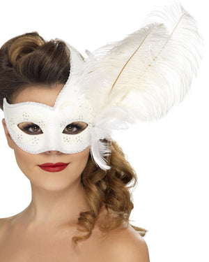 Ornate Columbina White Feather Eye Mask