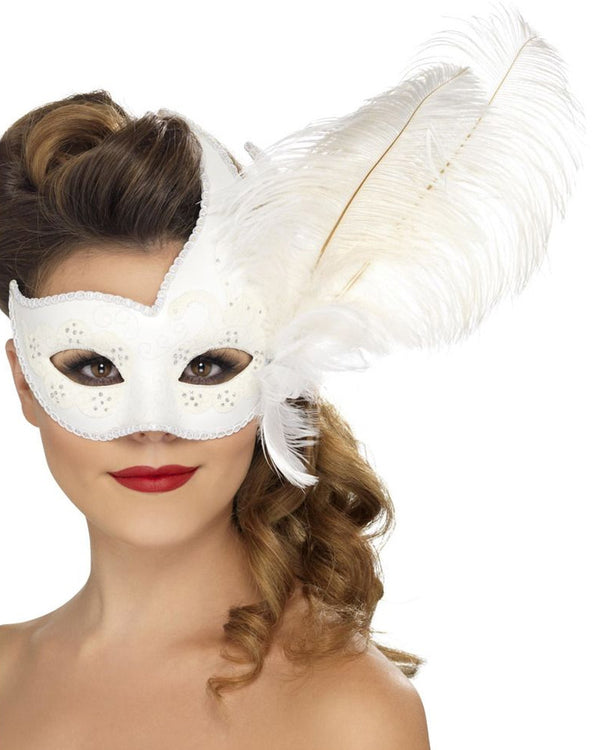 Ornate Columbina White Feather Eye Mask