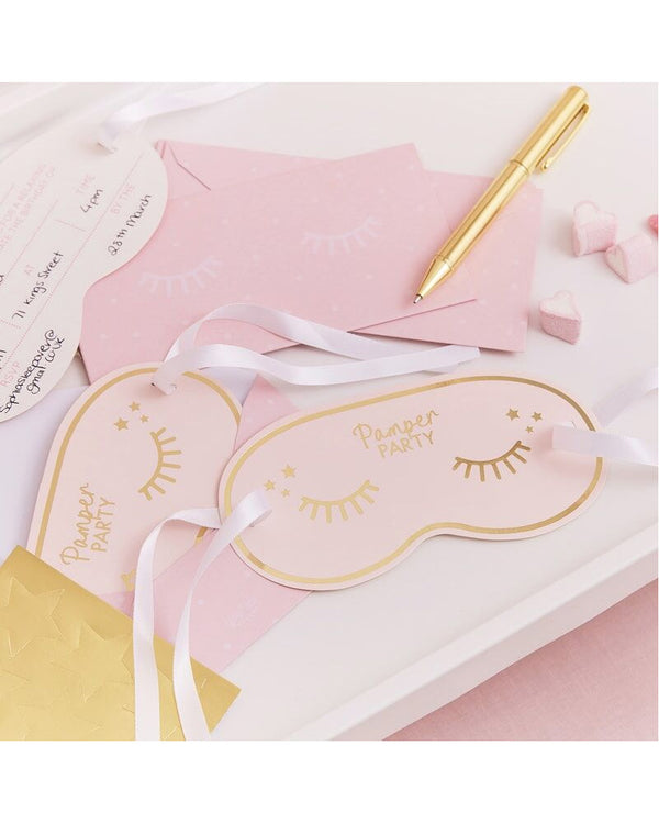 Pamper Party Gold Foiled Eye Mask Shaped Inivtation Pack of 5