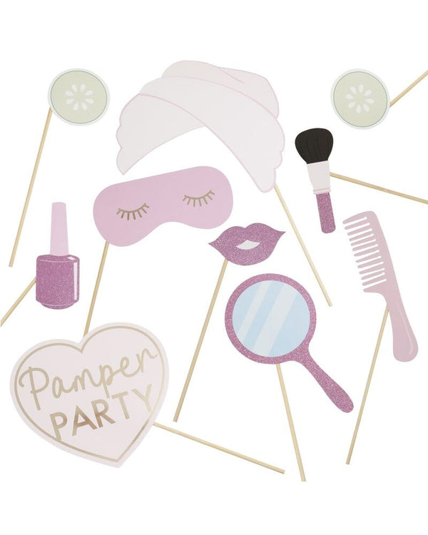 Pamper Party Pink Glitter and Foiled Photobooth Props Pack of 10
