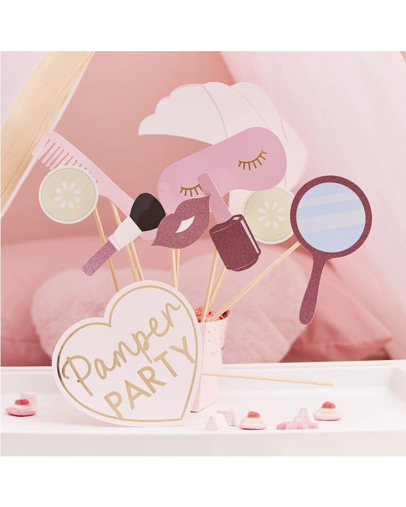 Pamper Party Pink Glitter and Foiled Photobooth Props Pack of 10
