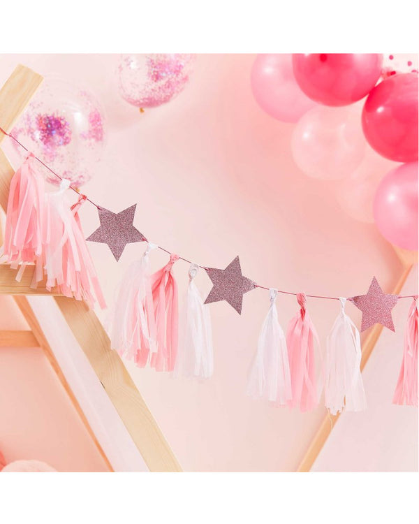 Pamper Party Pink Glitter Stars Tassel Garland