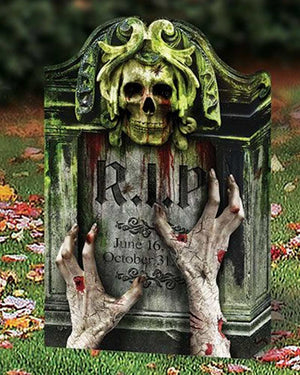 PhotoReal Skull and Hands Green Folding Tombstone 56cm