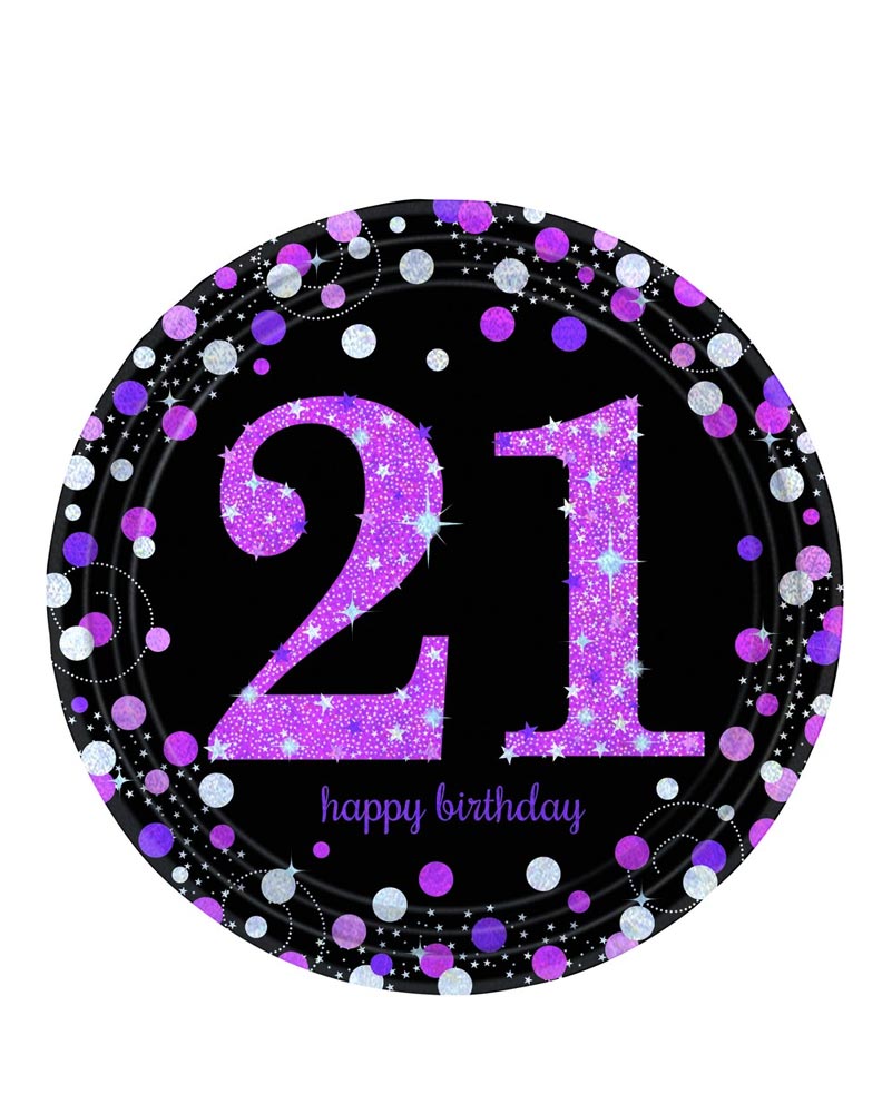 Pink Celebration 21st 23cm Round Prismatic Plates Pack of 8