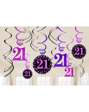 Pink Celebration 21st Hanging Swirl Decorations Pack of 12