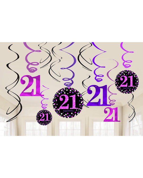 Pink Celebration 21st Hanging Swirl Decorations Pack of 12