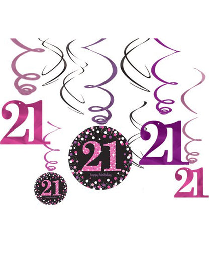 Pink Celebration 21st Hanging Swirl Decorations Pack of 12