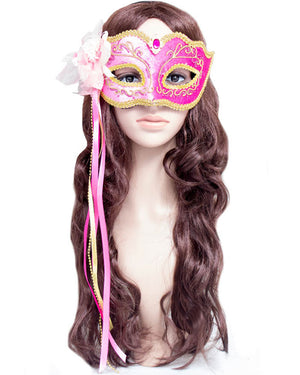 Pink Masquerade Mask with Ribbons and Flowers
