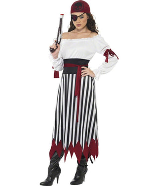 Image of woman wearing pirate costume with eyepatch and headband. 