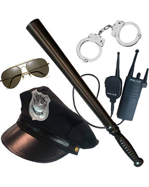 Police Hat Cuffs Baton Glasses and Radio Kit