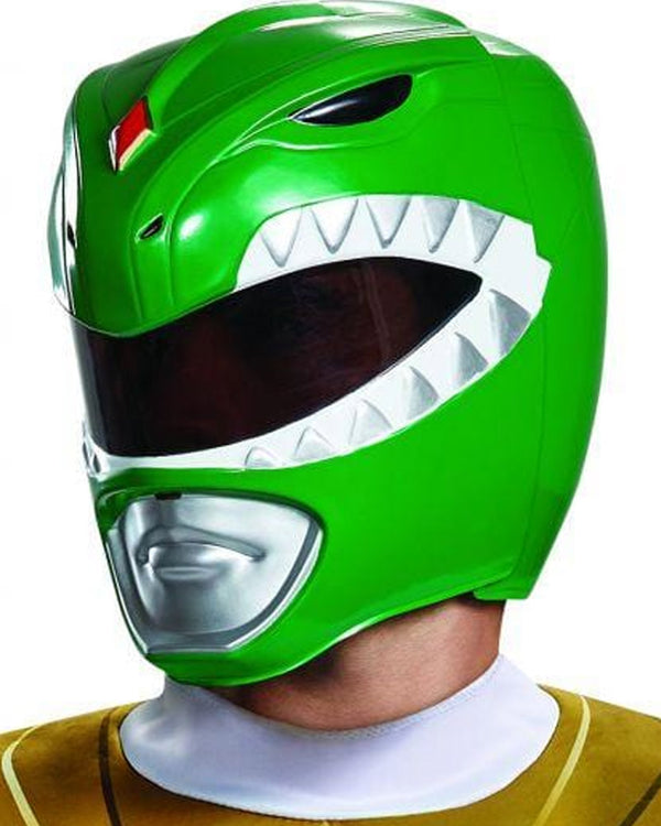 Man wearing green Power Ranger helmet.