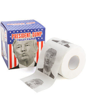 Image of a pack of Donald Trump toilet paper styled with an image of Trump's kissing face.
