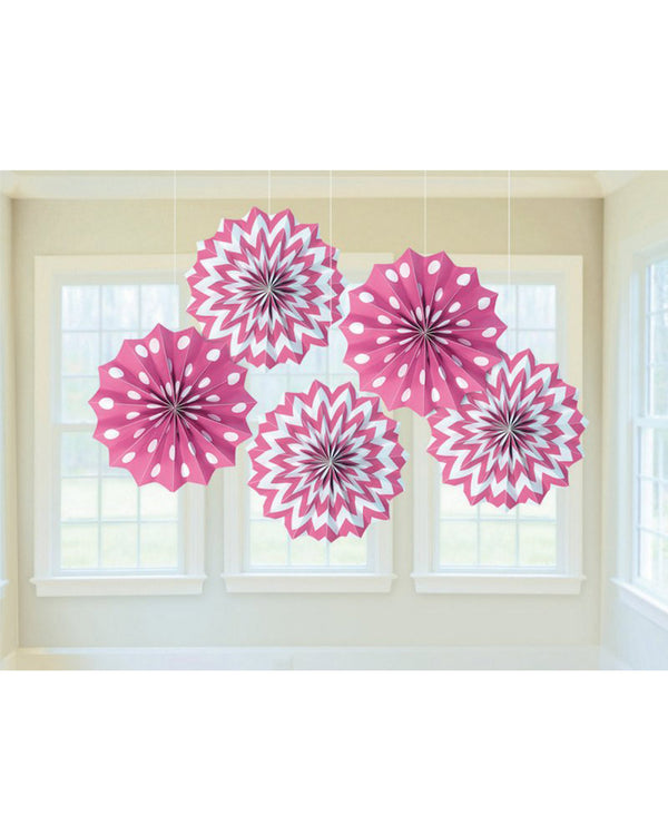 Bright Pink Hanging Printed Fan Decorations Pack of 5