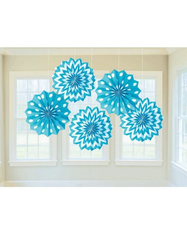Caribbean Blue Hanging Printed Fan Decorations Pack of 5