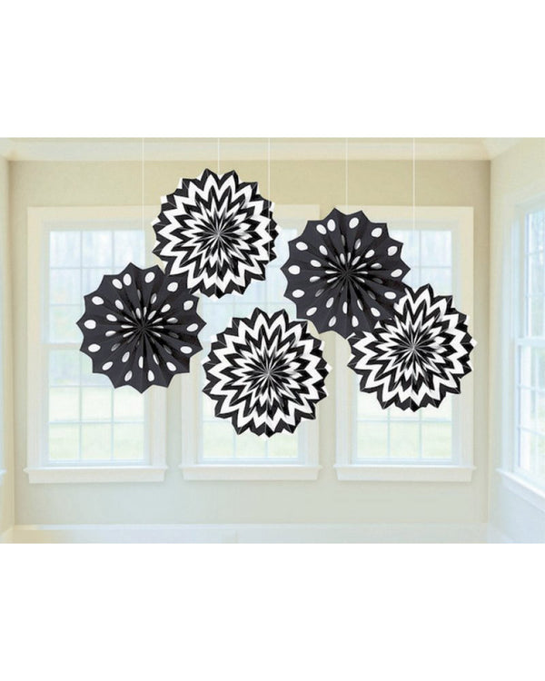 Jet Black Hanging Printed Fan Decorations Pack of 5