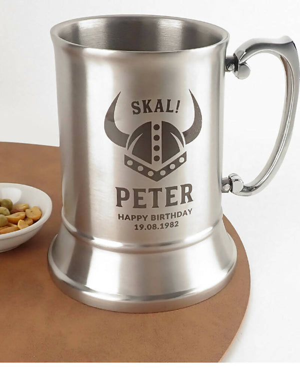 Viking Skal Personalised Engraved Silver Stainless Steel Beer Mug in Gift Box
