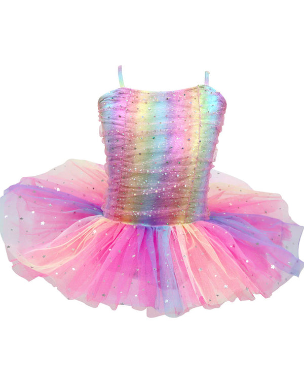 Rainbow Ruched Sparkle Ballet Tutu Dress Girls Costume