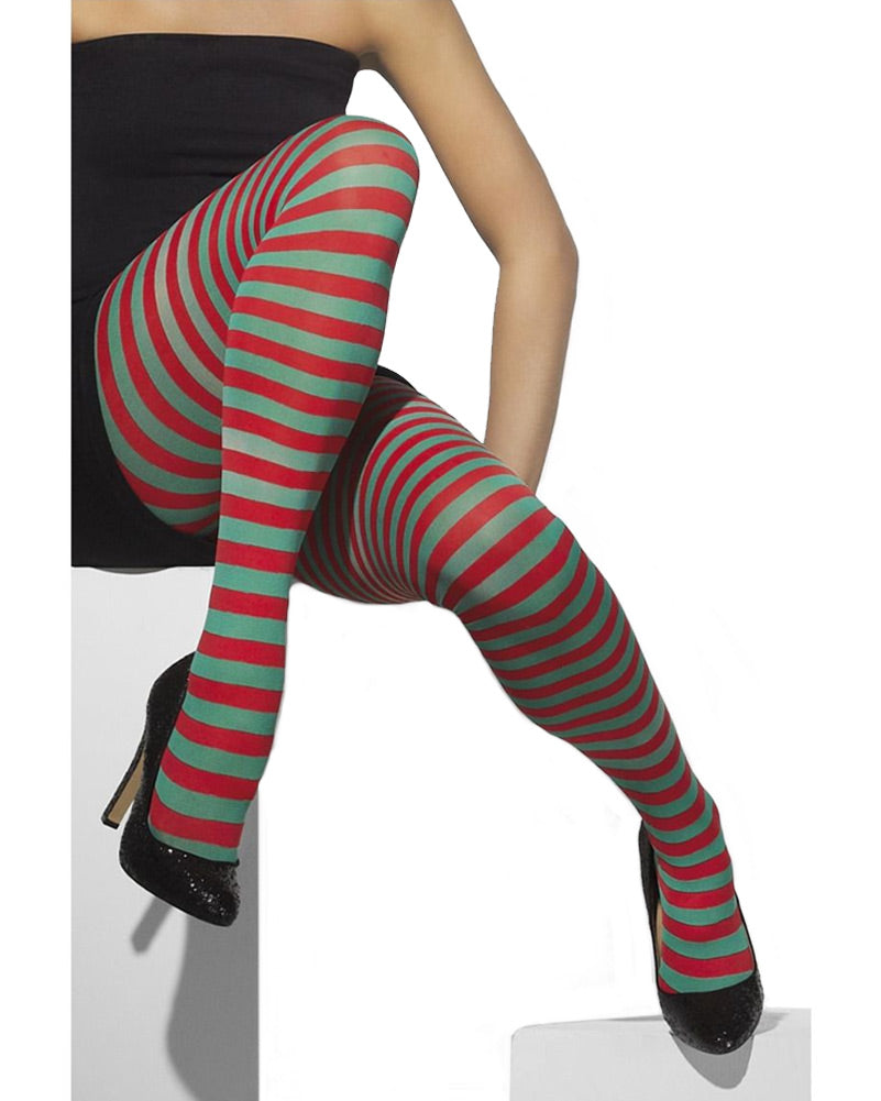 Red and Green Striped Opaque Tights