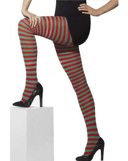 Red and Green Striped Opaque Tights