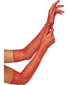 Red Rhinestone Fishnet Opera Length Gloves